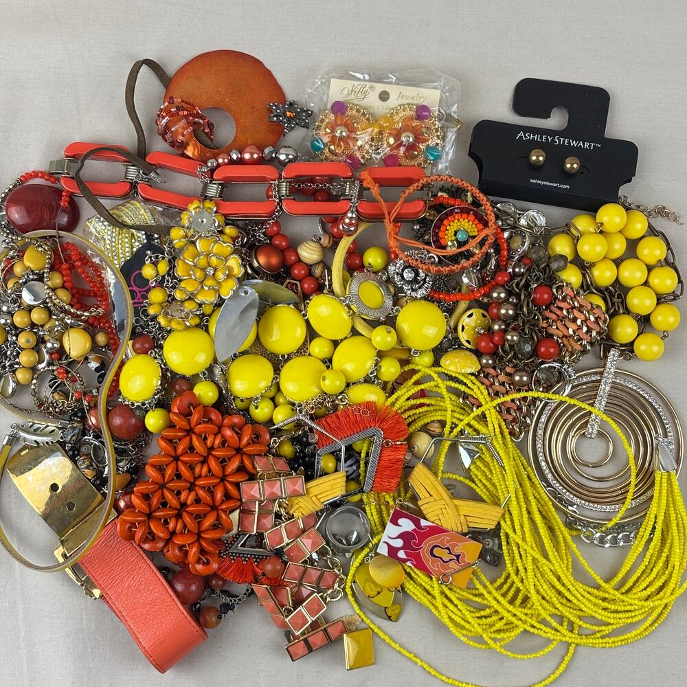 Craft Jewelry Lot - 2.5 lbs Chunky Bright Yellow Orange Beads Flowers Statement